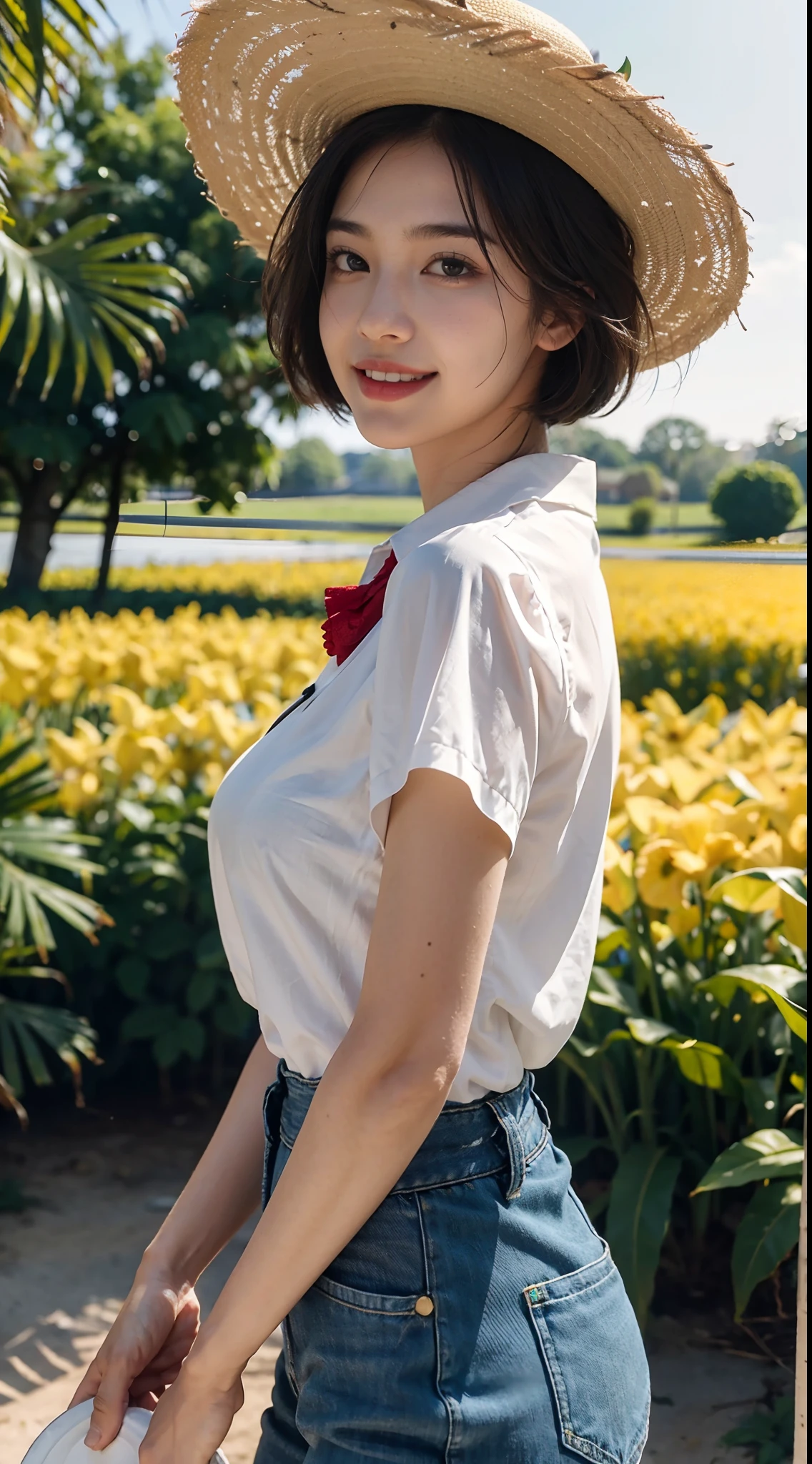 8K,masterpiece,best quality,In the corn field,Very high corn stalks taller than the girl,In the afternoon,very bright sunshine,A girl,Extremely detailed facial details,(shoulder length black straight short hair:1.2),Wearing a straw hat,smile,happy,Her face was covered in sweat,(Red collared short sleeved shirt with big white floral pattern:1.1),giantic breasts,Strong muscles,sturdy arms,(Green wide leg capris:1.1),giantic hips,White slippers,Holding a sickle in her hand,close shot,cowboy shot,Directly facing the camera,from front,upper body