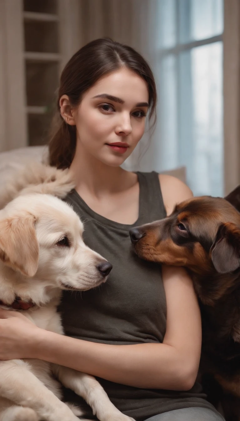 one girl and her dog hanging out in the living room, cozy winter night, having a good time, very realistic photograph, detailed facial expressions, realistic eyes, no watermark, canon photography, 50 mm