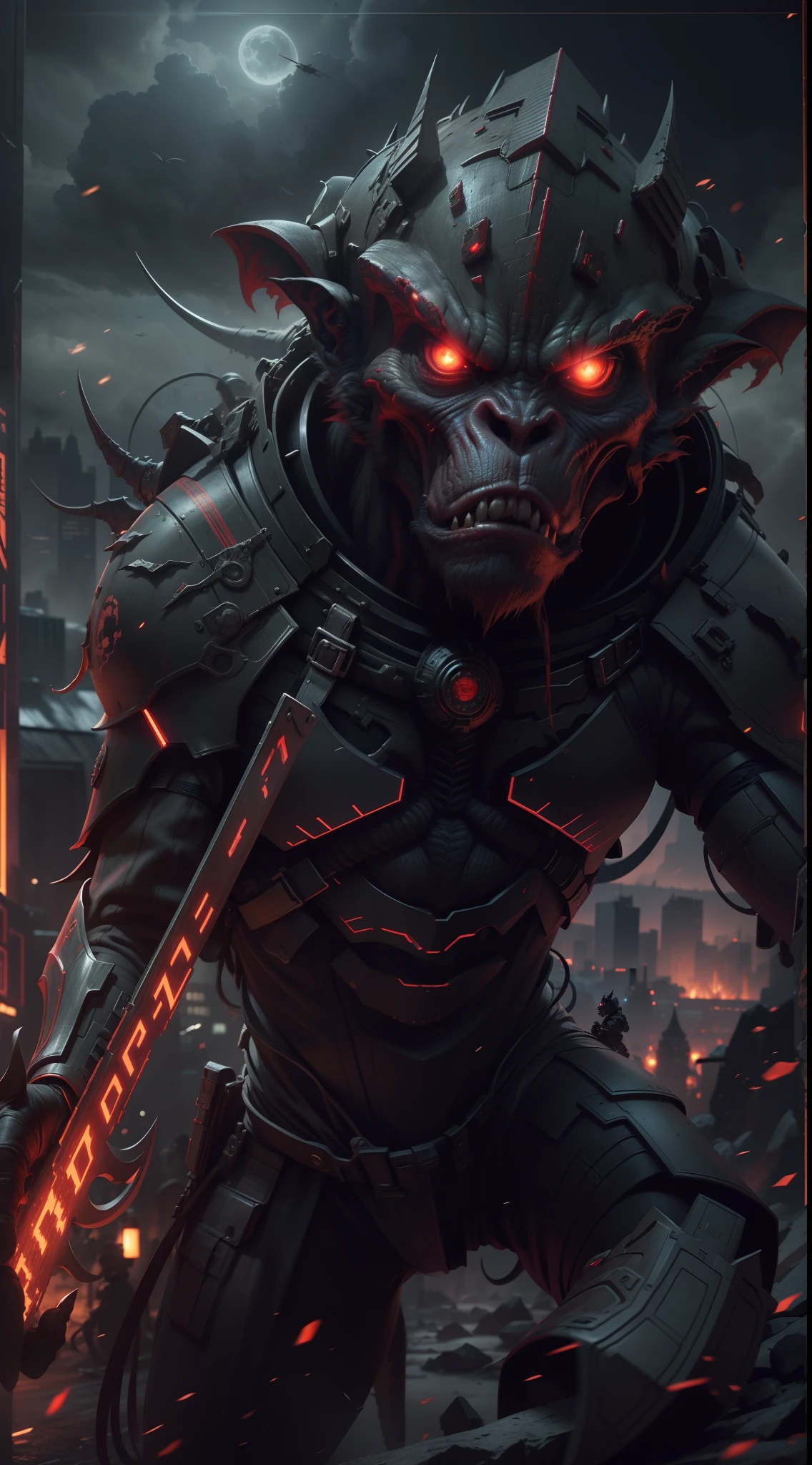 Alien armies invade cities, Monkey-faced demon, Wear military uniform, Pick up the ax, red eyes, dirty, Aggression, aggression , powerful, Stand at the highest point of the city, City Observation, Below is the army of demons ,Digital art fantasy war grandiose,Epic technology, Fantasy, Digital Arts,Futuristic fantasy, masterpiece,high quality,8K,UHD resolution,Detailed drawings,actual,very authentic,Cinematic lighting,The award-winning photo,Rich colors,Surreal, lifelike textures;, Impressive lighting