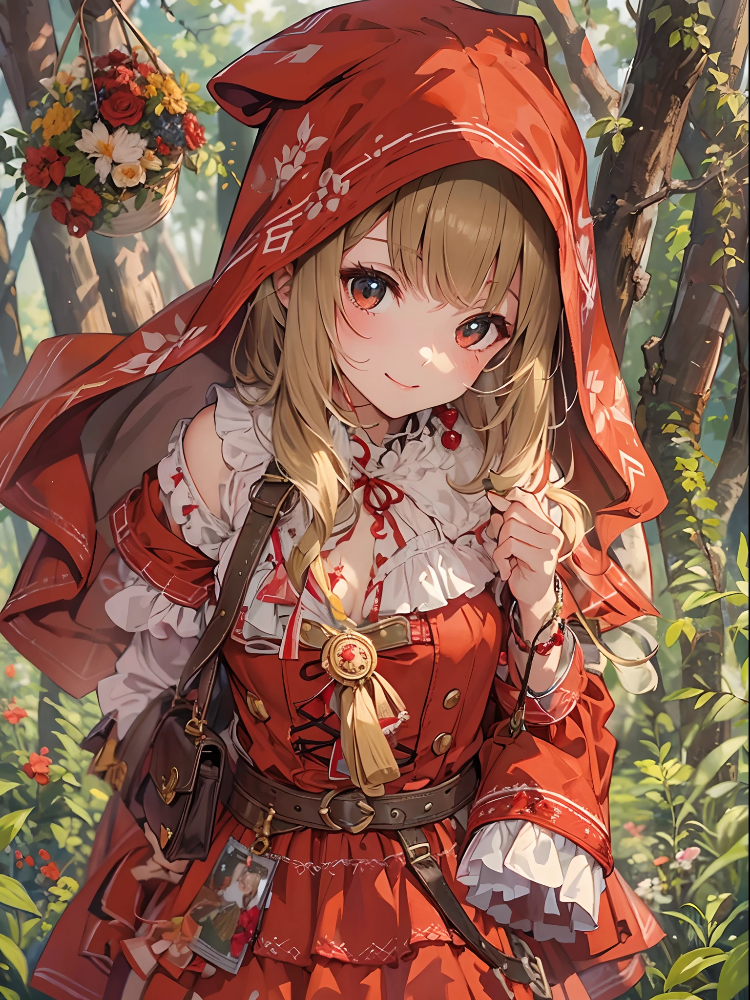 masterpiece, ultra details, sharp detail, best quality,1 little red riding hood, bronde short hair, small tall, masterpiece, ultra details, sharp detail, best quality, hand woven bag, small breast, smile