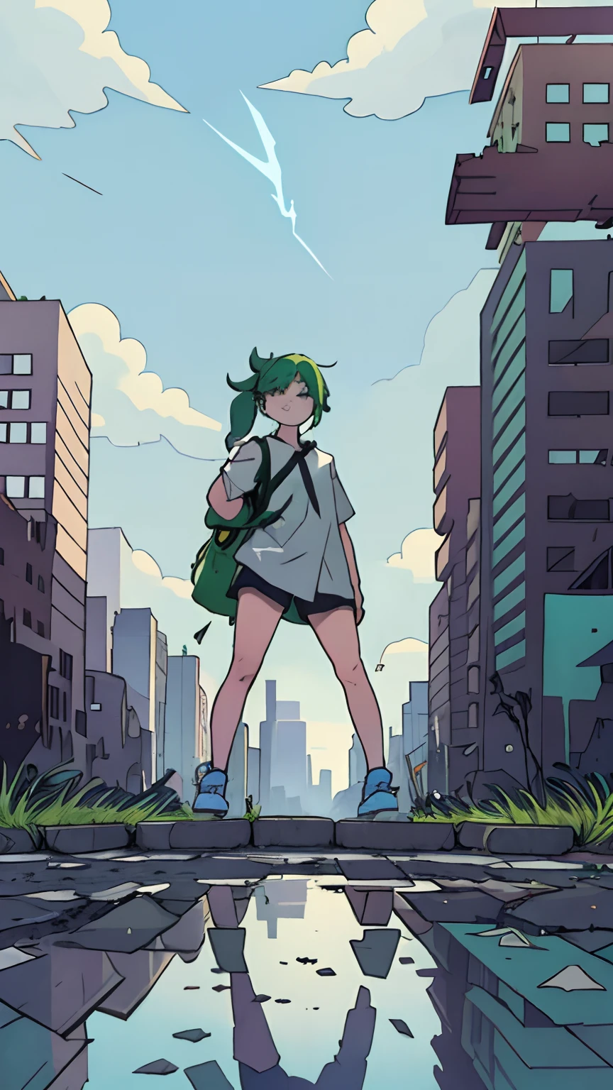 Ruins、Crumbling skyscrapers background、puddles、girl with、Green hair、Big Ponytail、white  shirt、Skinny Good、backpack、A smile、blue-sky、Broken car、A lonely city