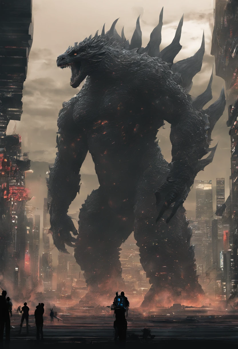 Scene**: Coconutcat's father arrives on Earth, causing destruction in a city.  
   - *Coconutcat's Father*: Smashing buildings with its large spiked limbs, red eyes glowing fiercely.  
   - *City*: Skyscrapers crumbling, cars overturned, people fleeing in terror.