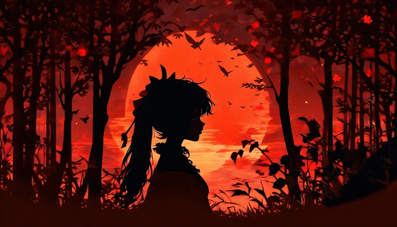 (Silhouette Art,cutouts:1.6)
(((Paper cutting art,A world where only black exists:1.3)
(Cowboy Shot),1 girl,Solo,
(Girl dressed as a witch,profile:1.2),white, Clear and beautiful face,Sunrise behind
break
(Red lily flowers)
Textured glass background,Arcana World