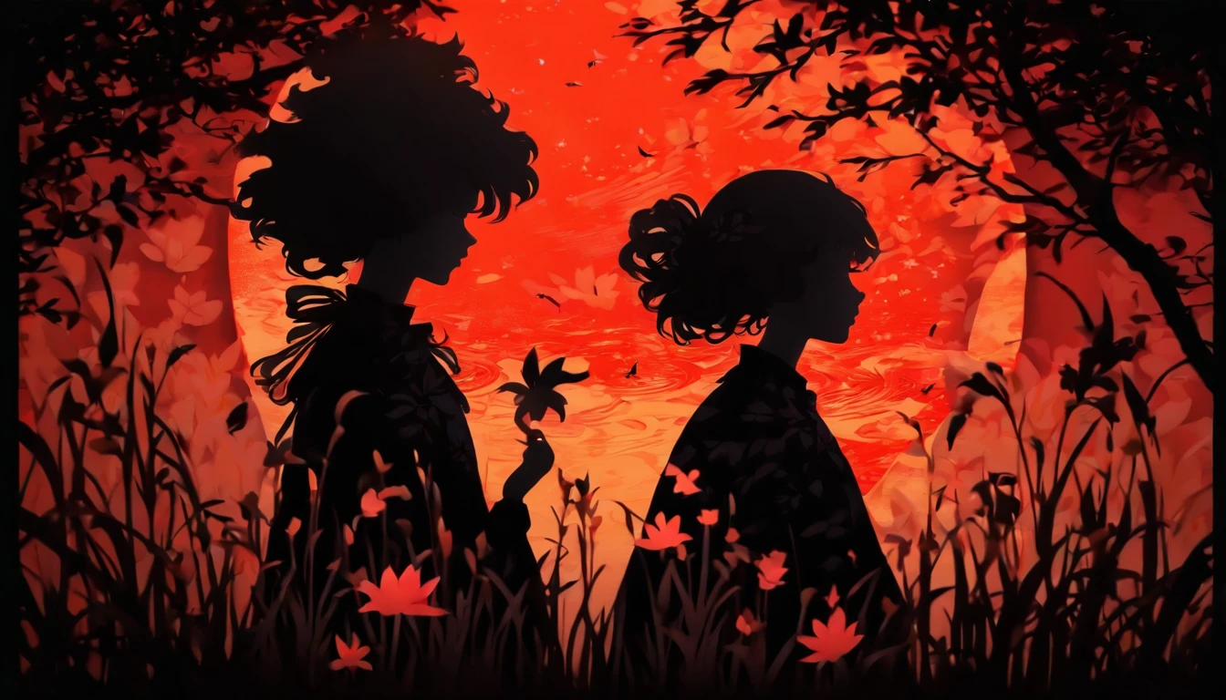 (Silhouette Art,cutouts:1.6)
(((Paper cutting art,A world where only black exists:1.3)

(Cowboy Shot),1 girl,Solo,
(Girl dressed as a witch,profile:1.2),white, Clear and beautiful face,Sunrise behind

break
(Red lily flowers)
Textured glass background,Arcana World