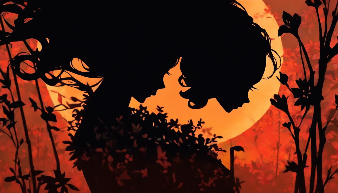 (Silhouette Art,cutouts:1.6)
(((Paper cutting art,A world where only black exists:1.3)

(Cowboy Shot),1 girl,Solo,
(Girl dressed as a witch,profile:1.2),white, Clear and beautiful face,Sunrise behind

break
(Red lily flowers)
Textured glass background,Arcana World