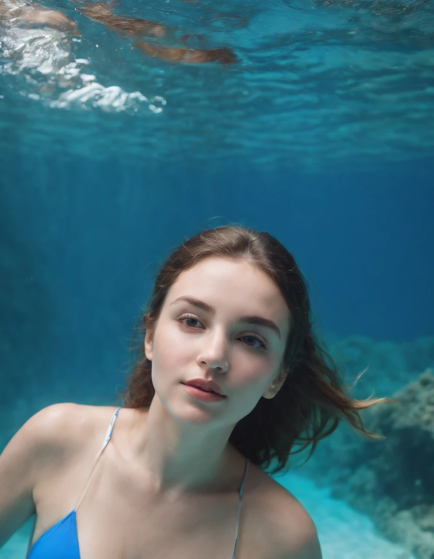 portrait photo,(add_detail:1.5), (close up of 1 girl swimming at high speed above underwater canyon), (DEN_miss_morgane, 25 year old), (blue bikini), bubbles, (underwater sea life, lush, corals, lively, bio diversity), (masterpiece, highest quality), 8K UHD, (film grain:1.2),(Fujifilm XT3:1.2), extremely detailed, close up