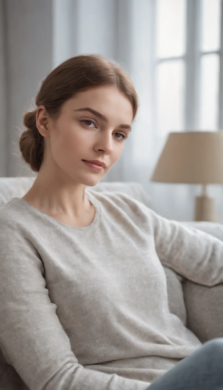 woman relaxing on couch in studio photograph, in the style of light golden and light gray, drugcore, serene faces, relatable personality, barbizon school, 8k resolution, aleksandr deyneka