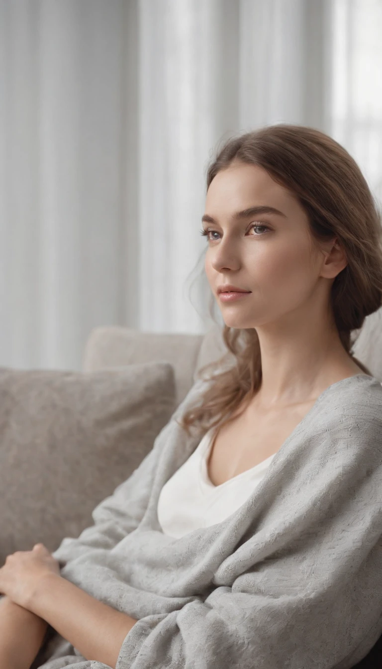 woman relaxing on couch in studio photograph, in the style of light golden and light gray, drugcore, serene faces, relatable personality, barbizon school, 8k resolution, aleksandr deyneka