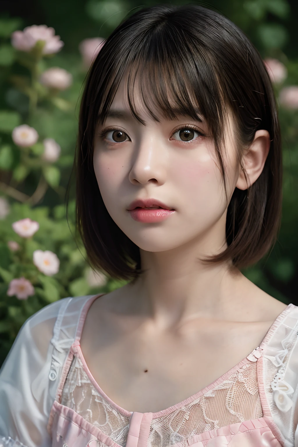 a closeup, masterpiece, top-quality, Raw foto, Photorealsitic、unbelievable Ridiculous, beautiful a girl, Bob Hair、large brests, Pink lace underwear、(Puffing out cheeks angrily)、Hands on hips、grass field、depth of fields, hight resolution, ultra-detailliert, finely detail, ighly detailed, extremely detailed eye and face, Sharp pupils, foco nítido, Cinematic lighting