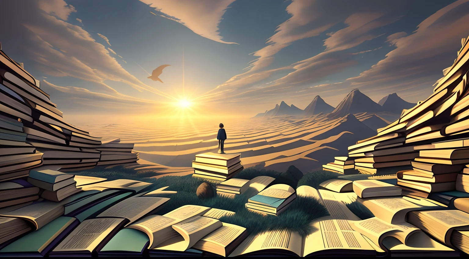 Image of Alphad of a man standing in a pile of books, sylvain sarrailh and igor morski, iintricate、Epic composition, endless books, surreal 3 d render, surreal scene, matte painting of human mind, wanderer above the sea of fog, surreal dreamscape, in a surreal dream landscape, author:Kurt Roesch, Flying books