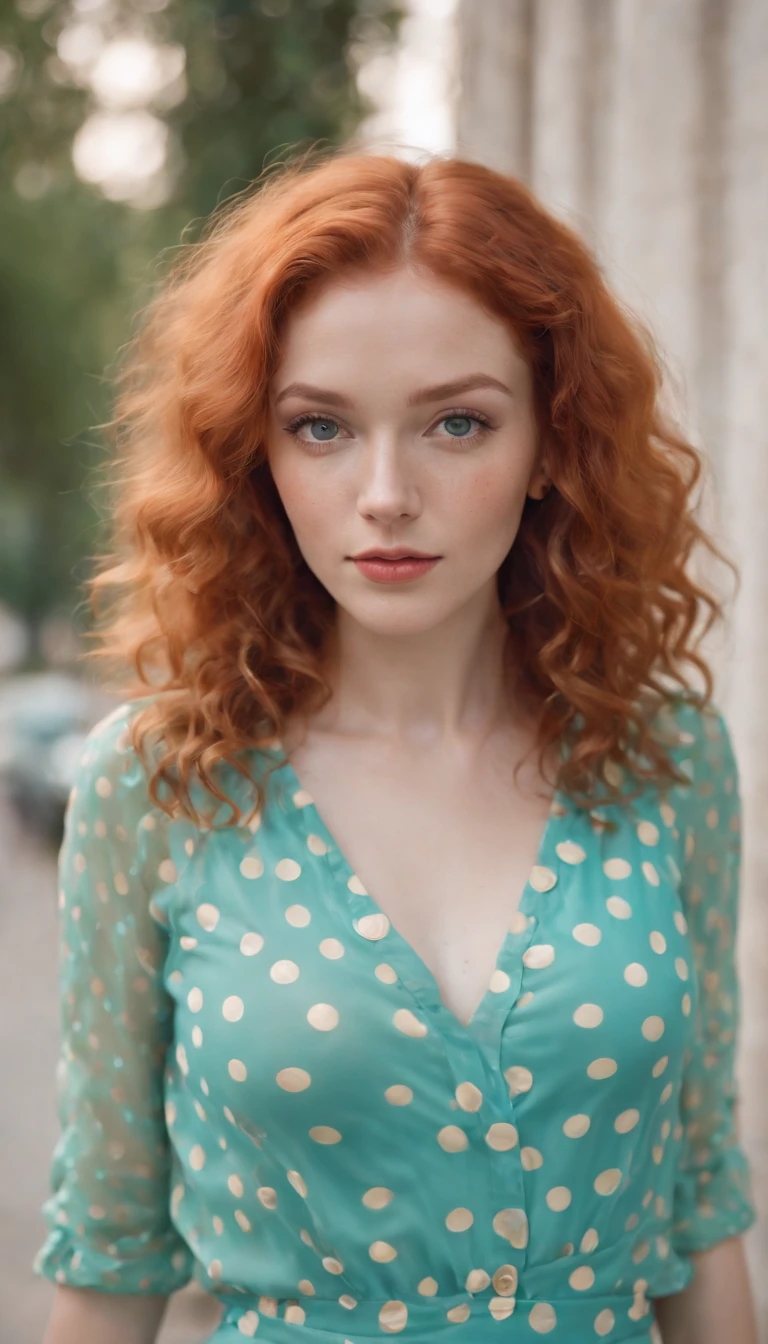 the portrait of a young woman with curly red hair and polka dot skirt, in the style of light orange and turquoise, vibrant color gradients, playful expressions, normcore, vibrant and textured, 1970–present, shiny