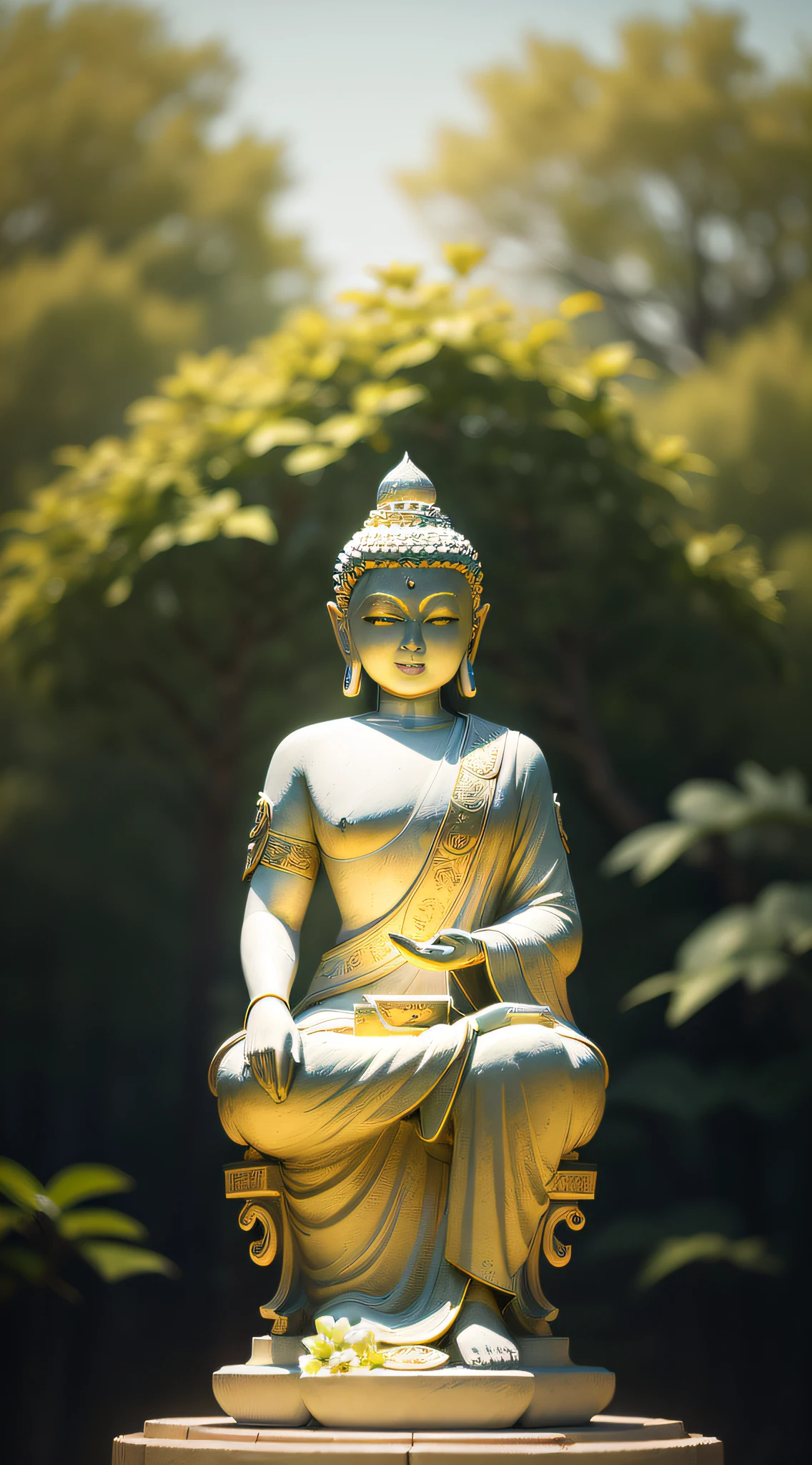 Best quality,8K,A high resolution,Masterpiece:1.2,Ultra-detailed,Sharp focus,Physically-based rendering,professional,Vivid colors,Bokeh,BUDDHA STATUE,Peaceful,serene,scenic landscape,Sunlight illuminating the statue,The gentle breeze rustles the leaves,surrounded by lush greenery,Historical significance,quiet and serene atmosphere,Loneliness and reflection,Historical landmarks,Spiritual journey,Magnificent majesty,Marble texture,Subtle patina,The ethereal glow of the statue,Hint of gold accents,Sublime beauty,Harmoniously balanced composition,majesticpresence,Awe-inspiring,A far-reaching vision,Impressive scale and height,Carved with intricate details,Serene facial expression,Serene expression,Peaceful smile,Lotus flowers around the statue,A glowing halo behind the Buddha,Ethereal and divine existence,Ethereal and mysterious atmosphere,Calm and meditative atmosphere,Serenity and peace of mind,Huge and magnificent,Mahayana,Spiritual enlightenment,Divine Ascension,A sanctuary of tranquil souls,An iconic symbol of spiritual awakening,Sacred pilgrimage site,spiritual significance,The human quest for meaning and enlightenment