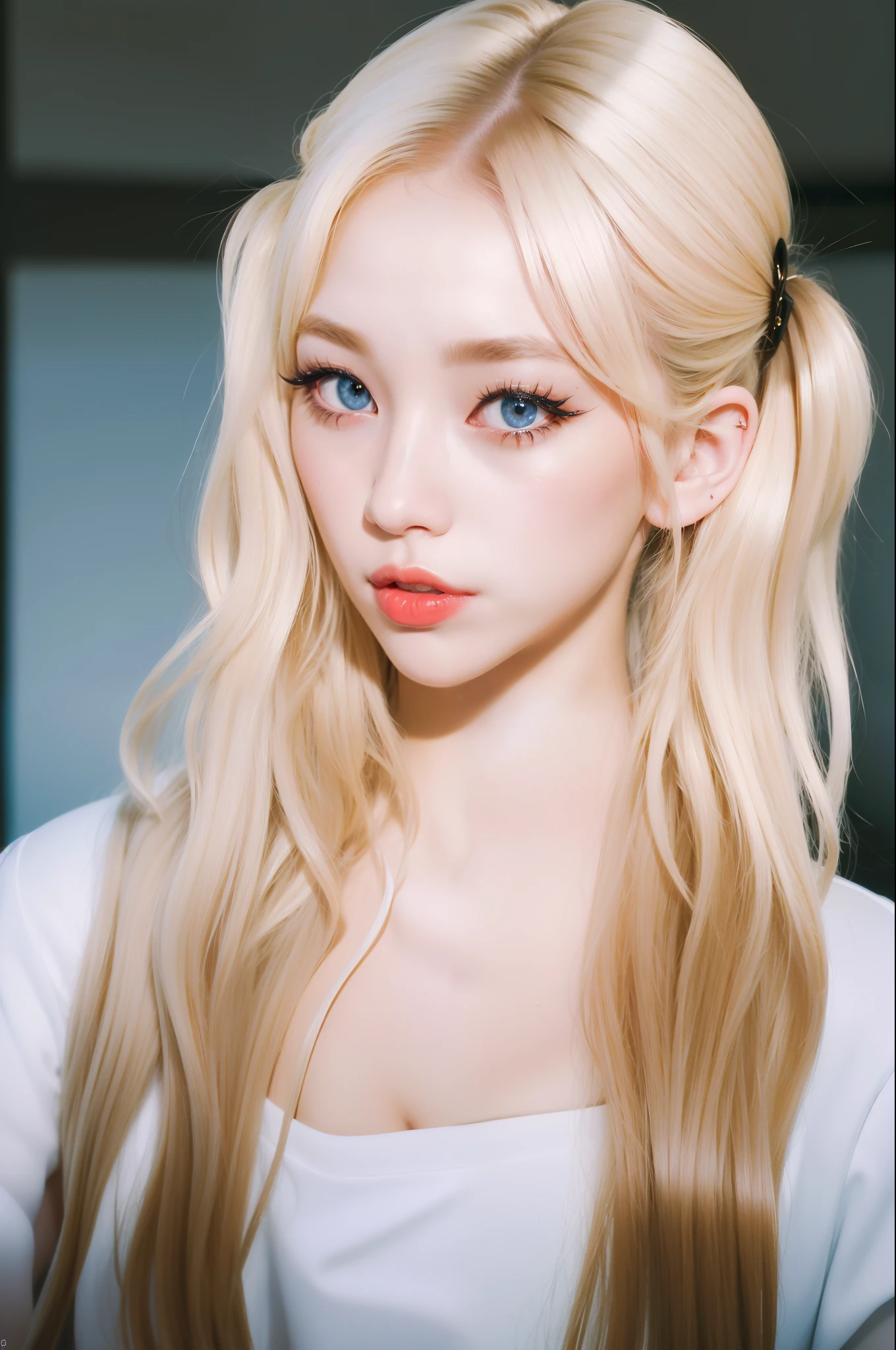 (8k, 4k, best quality, highres, ultra high res:1.1), (masterpiece, realistic, photo-realistic:1.1), 1girl, face, close-up, twintails, blonde hair, black eyes, red lips, (looking at viewer:2), absurdly long hair, long eyelashes, eyeshadow, small face, big eyes,
bare shoulders,
high contrast,