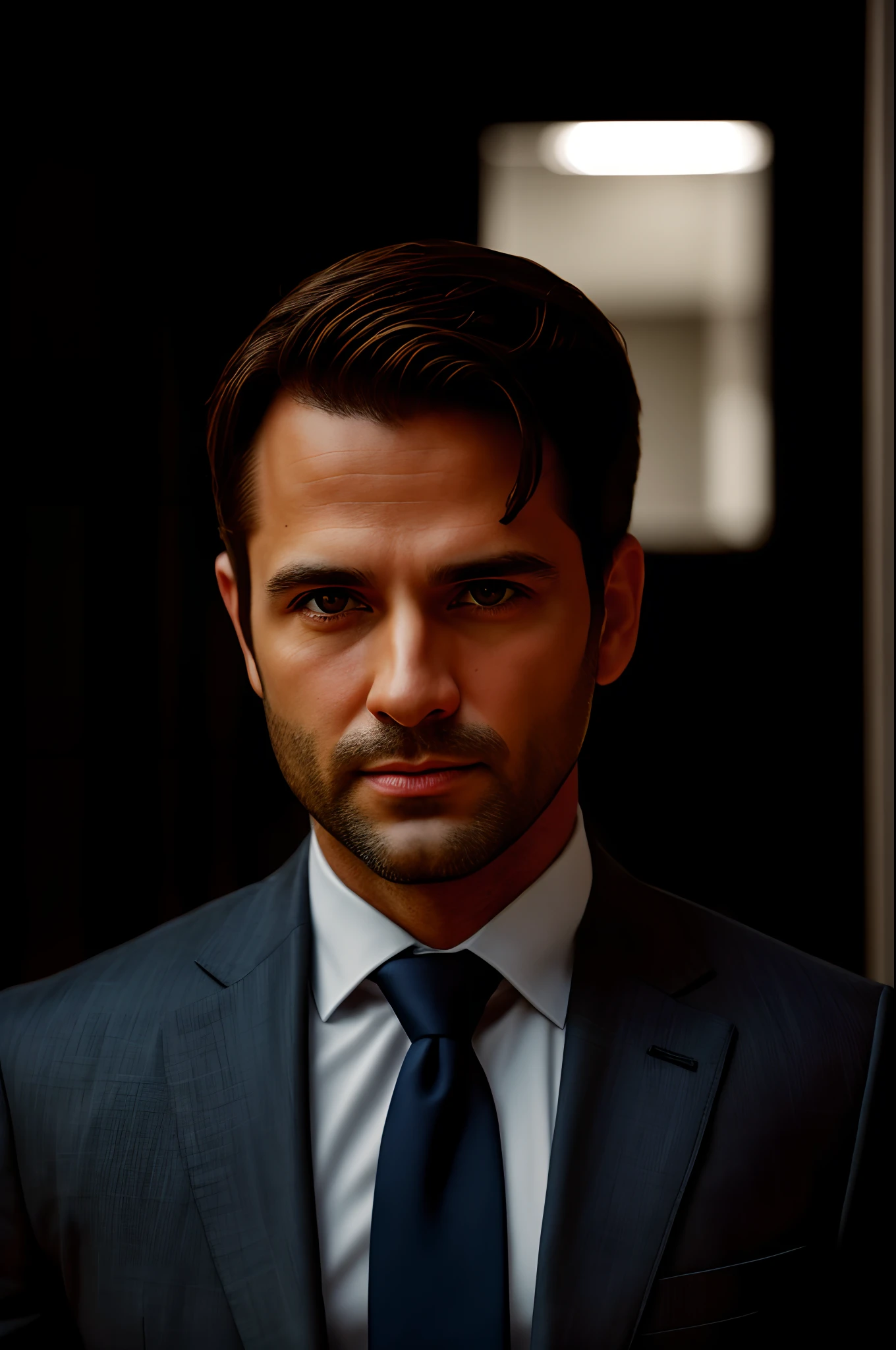 a 40-year-old man standing in a blue suit and tie, Body and straight head in the photo, DSRL, de frente para o espectador da foto, olhos fitos para a lente, Appears shoulders and head in the photo, homem centralizado na foto, 8k, melhor qualidade, obra prima, realista, foto realista, foto de cinema, ultra realista, 1 pessoa, detalhado, perfect  lighting, DSRL, foto profissional, 4k
