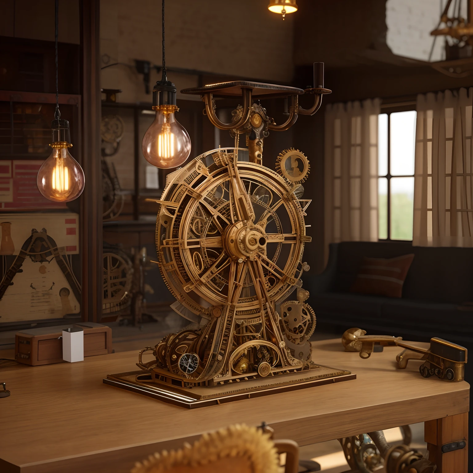 there is a nothing on a table with a lamp, steampunk design, steampunk machinery, kinetic art, intricate steampunk ornate, steampunk living room, huge mechanical clocks, by Aleksander Gierymski, steampunk air haven, magic and steam - punk inspired, steampunk imagery themed, intricate machine in space