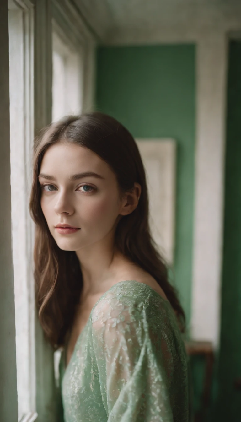 analog photography, grain film, vintage photo, portra 400, flash, in the style of lo-fi aesthetics:: a young woman is standing by the window, in the style of marco mazzoni, soft focus, light green and maroon