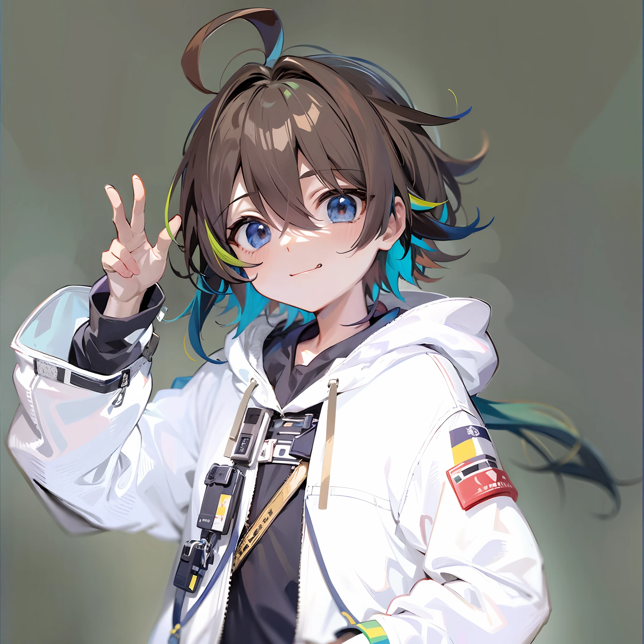 Anime boy with blue hair and white jacket and black pants, anime moe art style, By Shinkai Makoto ( Apex Legends ), Makoto, with index finger, High quality anime art style, Portrait anime space cadet boy, Anime Boy, kawacy, made with anime painter studio, anime style 4 k, Anime visuals for boys