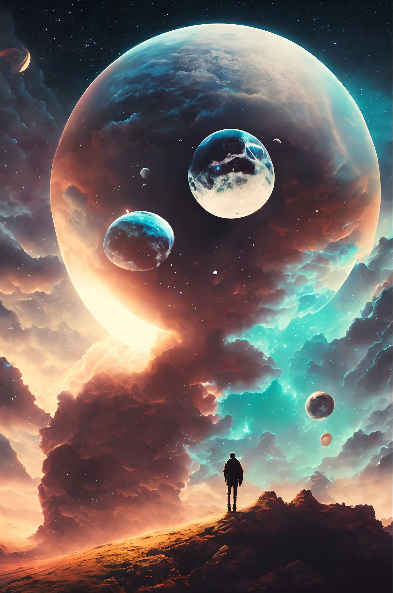 a close up of a person's face with a planet in the background, face melting into the universe, surreal space, the moon crashes into the earth, otherworldly visuals, fractal thunder dan mumford, fractal world, amazingly epic visuals, on a planet of maelstrom, surreal tears from the moon, chaotic cinematic space rift, in the astral plane ) ) )