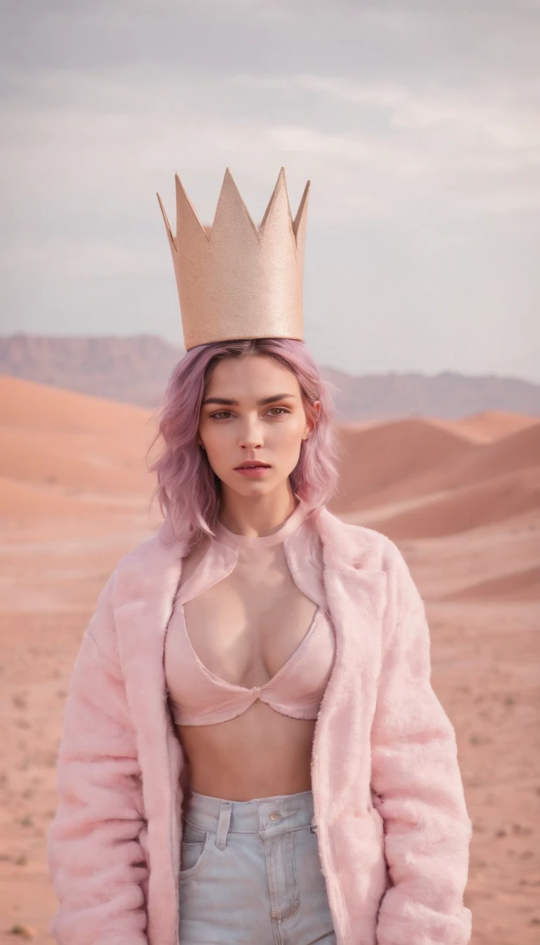 a young girl poses in a desert with a foam crown, jacket, and hat, in the style of pastel punk, kingcore, genderless