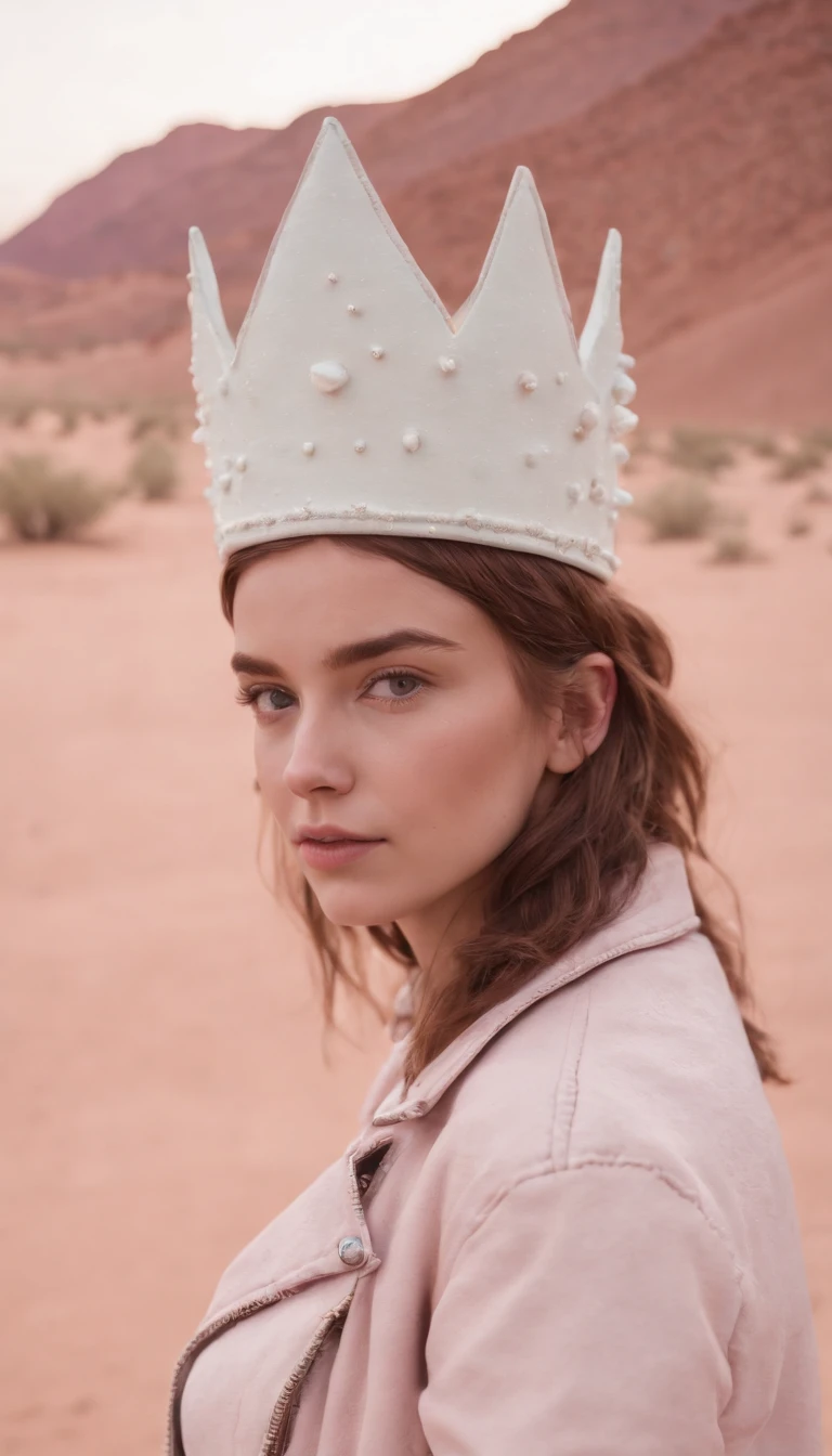a young girl poses in a desert with a foam crown, jacket, and hat, in the style of pastel punk, kingcore, genderless