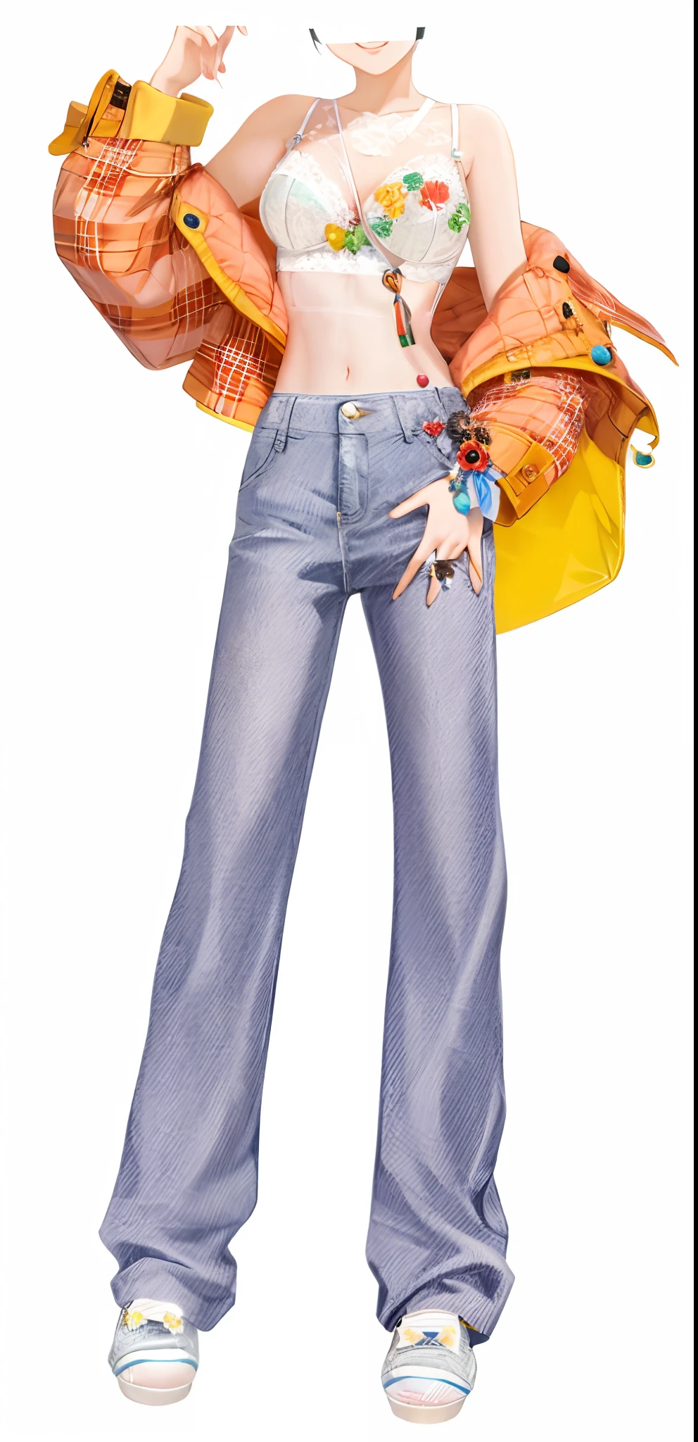 Pubic area is clear,filigree,Orange plaid coat,denim pant ,white under lingerie