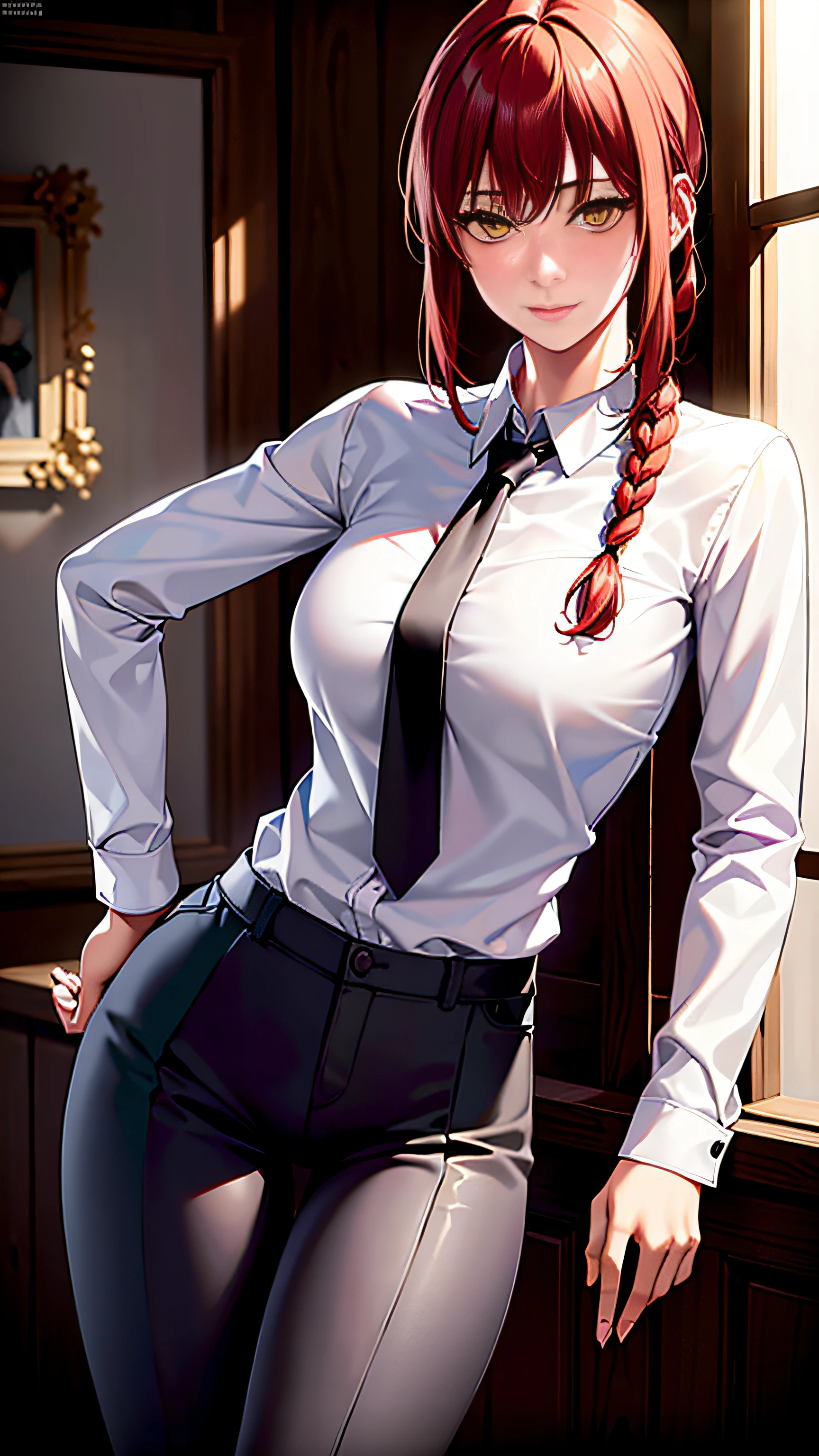 detailed shiny skin, (realistic, photo-realistic:1.4), a pretty girl, standing, looking out of window, white shirt, collared shirt, black necktie, black trousers, long sleeves, slight smile (nose blush), yellow eyes + ringed eyes, short hair + red hair + long braided hair, makima \(chainsaw man\)