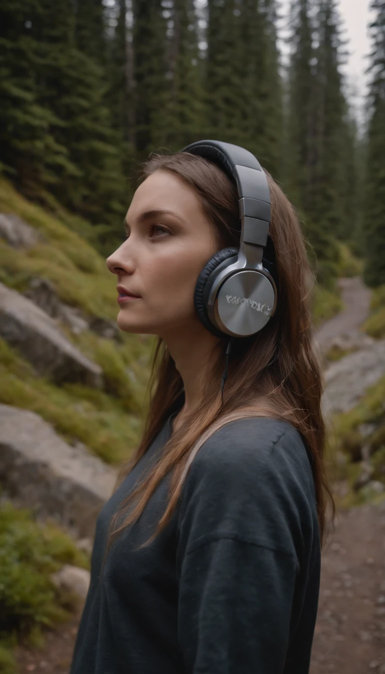 a woman standing on a mountain trail while wearing headphones, in the style of street art style, the vancouver school, vanitas, rap aesthetics, naïve, vacation dadcore, rounded