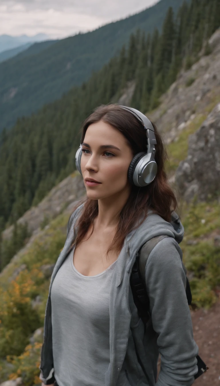 a woman standing on a mountain trail while wearing headphones, in the style of street art style, the vancouver school, vanitas, rap aesthetics, naïve, vacation dadcore, rounded