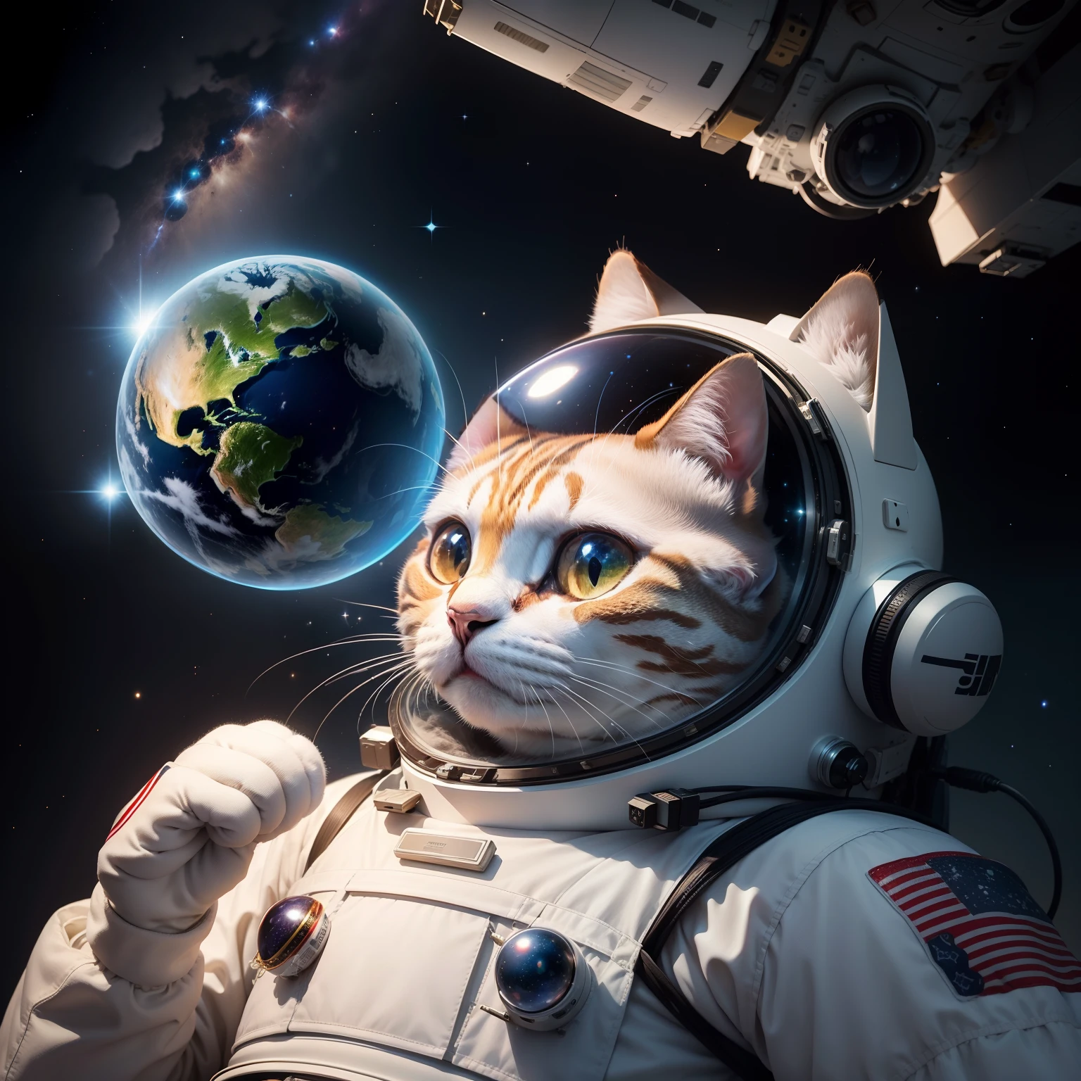 There is one cute cat doing extravehicular activities in a spacesuit The cat's face or head is covered with spherical glass The sphere is、Cat makes 1.5 times bigger、Part of the spacesuit The cat's body looks like a human man Only the face is a cat Cat's hands are wearing white gloves Lots of silver stars and rivers twinkling Glitter and seductive Universe like a jewel box You can also see the spacecraft The flag in the spacesuit is always the flag of the Japan、It is the flag of the Japan You can also see large galaxies and the Milky Way The body of a cat is 5 heads Height is 170cm
