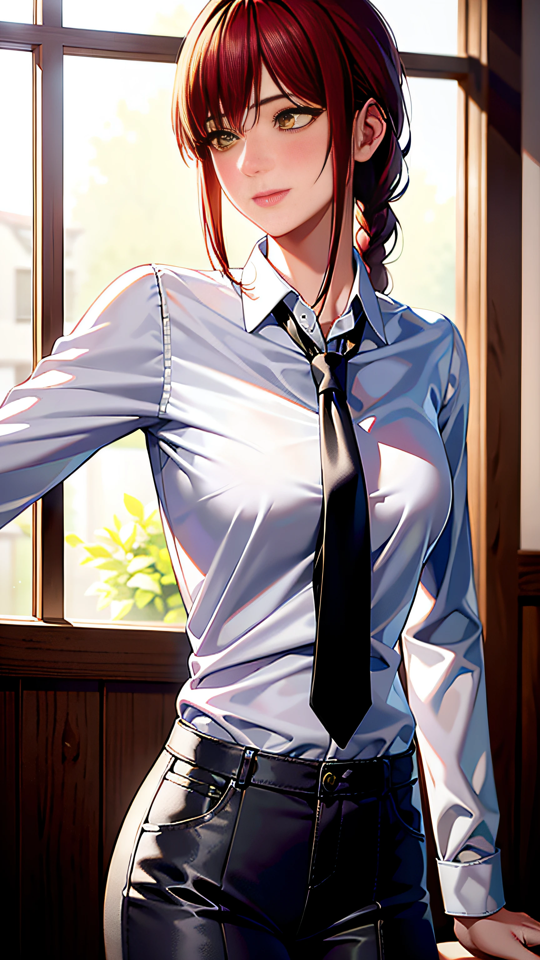 detailed shiny skin, (realistic, photo-realistic:1.4), a pretty girl, standing, looking out of window, white shirt, collared shirt, black necktie, black trousers, long sleeves, slight smile (nose blush), yellow eyes + ringed eyes, short hair + red hair + long braided hair, makima \(chainsaw man\)