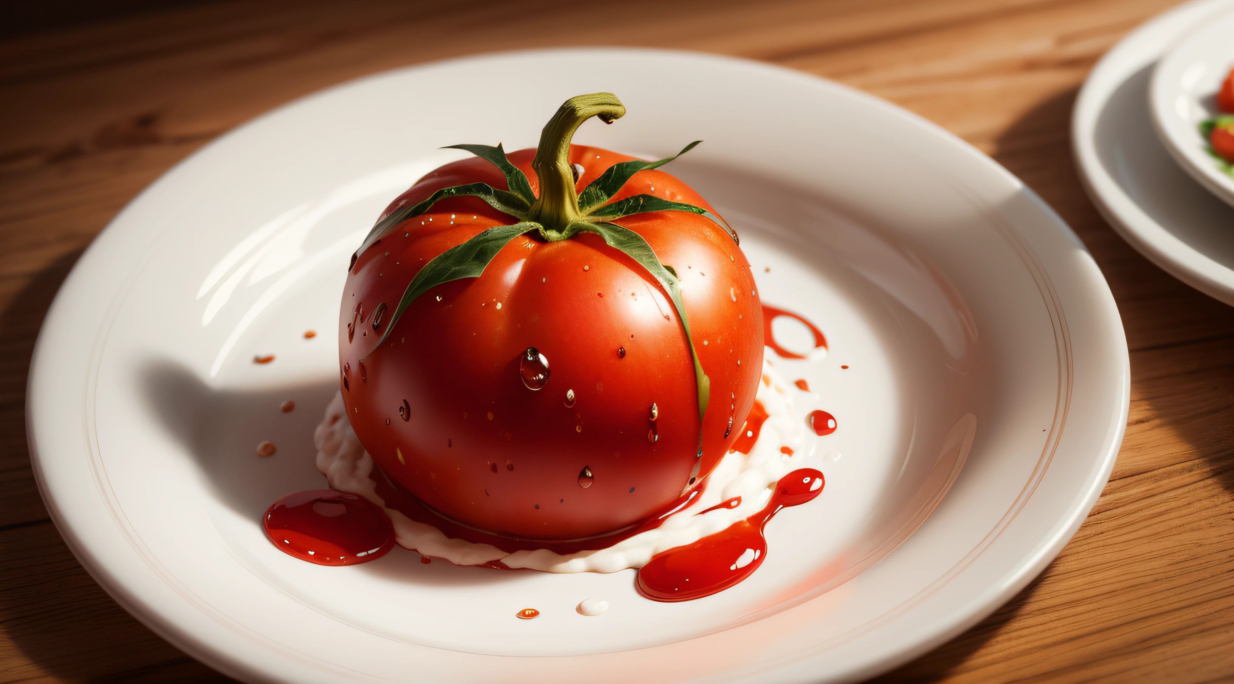 food photo,tomato on the plate,water drops,realistic,8k