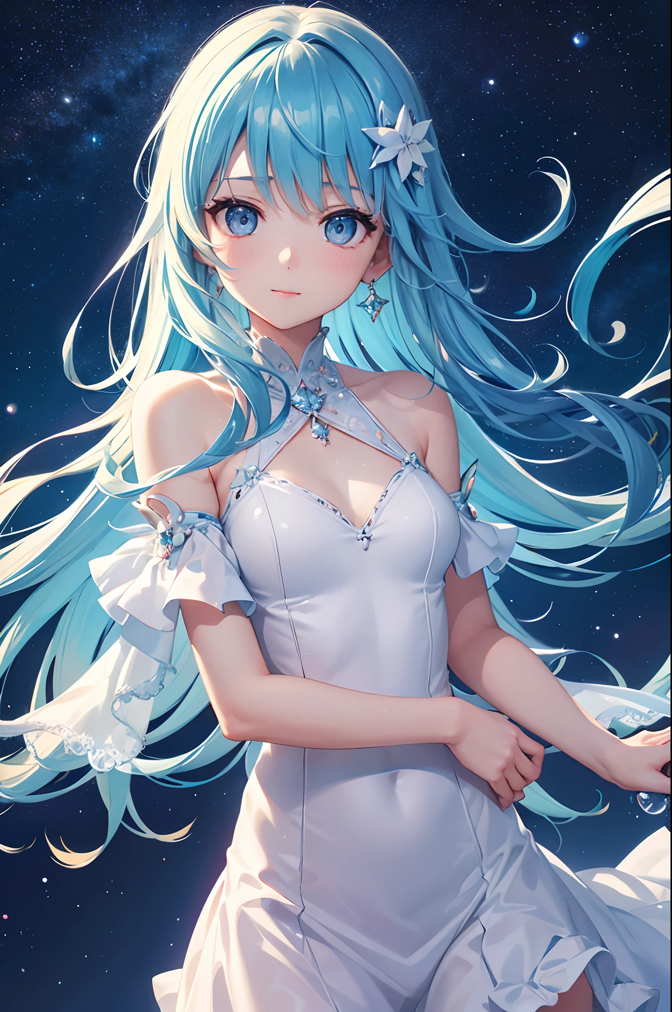 {{Best Quality}}, {{masutepiece}}, {{Ultra-detailed}}, {Illustration}, {Detailed light}, {extremely delicate and beautiful}, girl with, Cute face, Upper body, Two legs, long-one-piece dress, {Beautiful detailed eyes}, Stars in the eyes, messy floating hair, Colored inner hair, Starry sky adorns hair, {Lots_In the_Big_Colorful_Bubble}, [pearls], [Galaxy], depth of fields