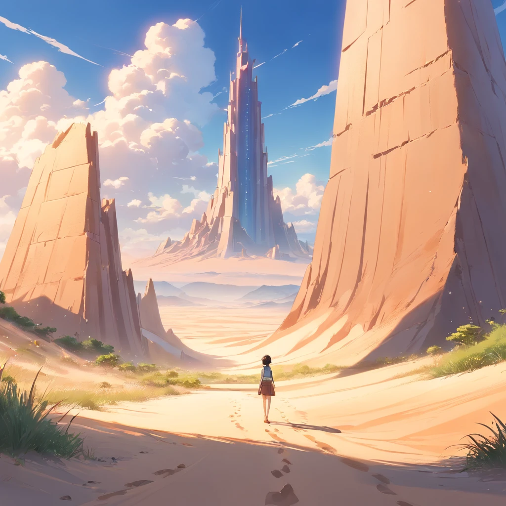 Aerial view of the sand peaks of the vast desert with no end in sight, Big black tower on background, Big red hole on top of the tower, Sand falling from all over the sky, View from top to bottom, highly detailed back ground，Realistic，ultra-detailliert，super detailed skin，Light brightness，film grains，Expro II，lens reflection，Sharpen，cinematic shadow