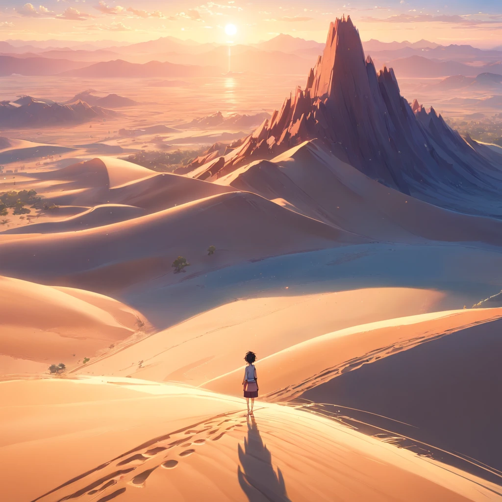 Aerial view of the sand peaks of the vast desert with no end in sight, Big black tower on background, Big red hole on top of the tower, Sand falling from all over the sky, View from top to bottom, highly detailed back ground,Realistic,ultra-detailliert,super detailed skin,Light brightness,film grains,Expro II,lens reflection,Sharpen,cinematic shadow