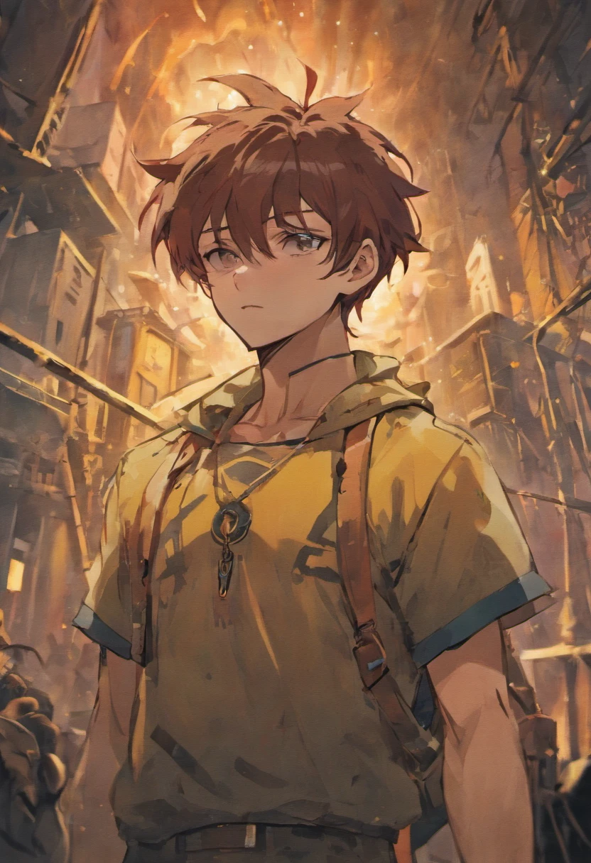 30-year-old man with a beard and long chestnut hair with a scar on his left eye and with tattooed arms in a post-apocalyptic universe