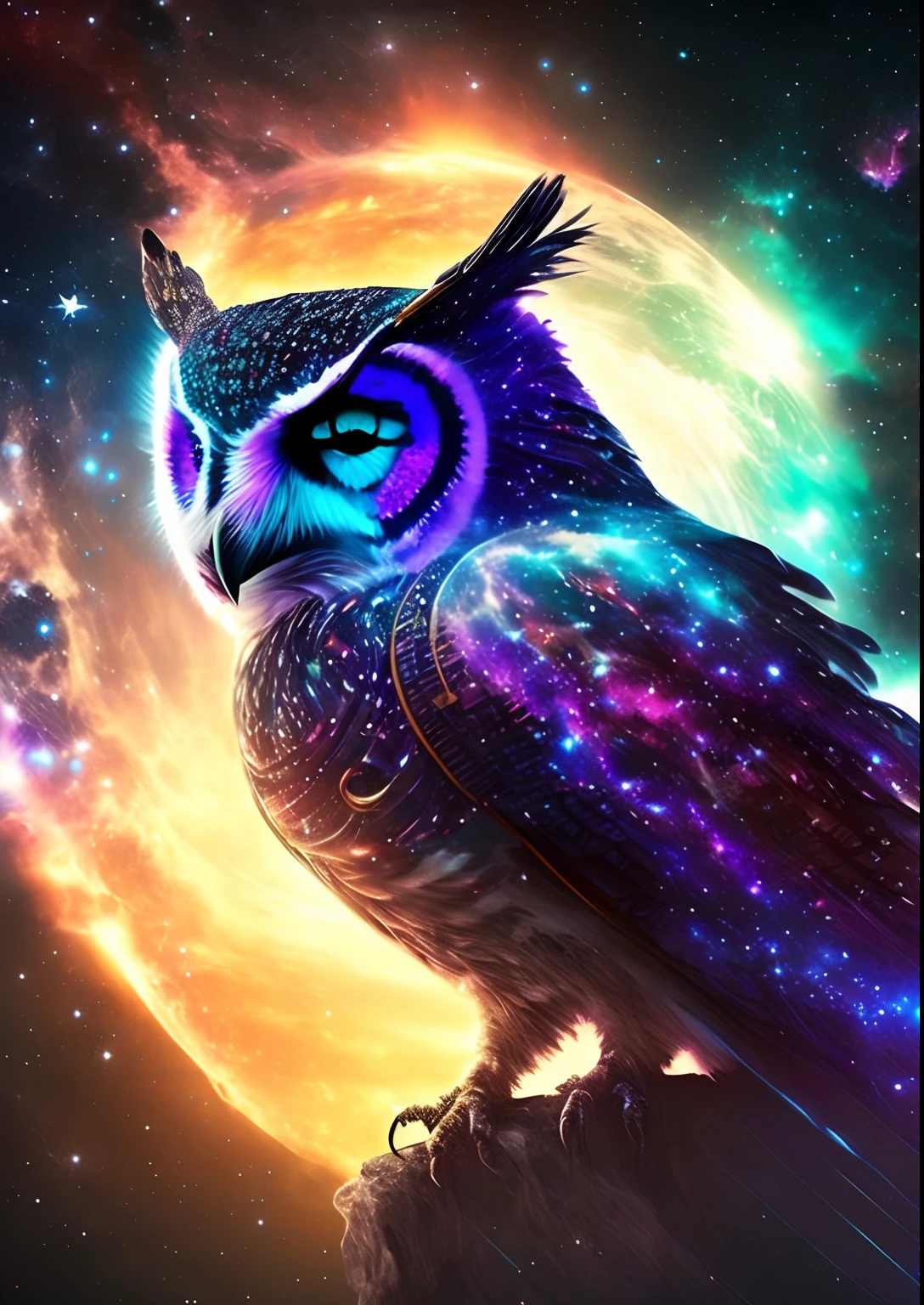 dreamlikeart, galaxy, outer space, nebula, star, [cyberpunked] Owl from the stars (star:1.5),