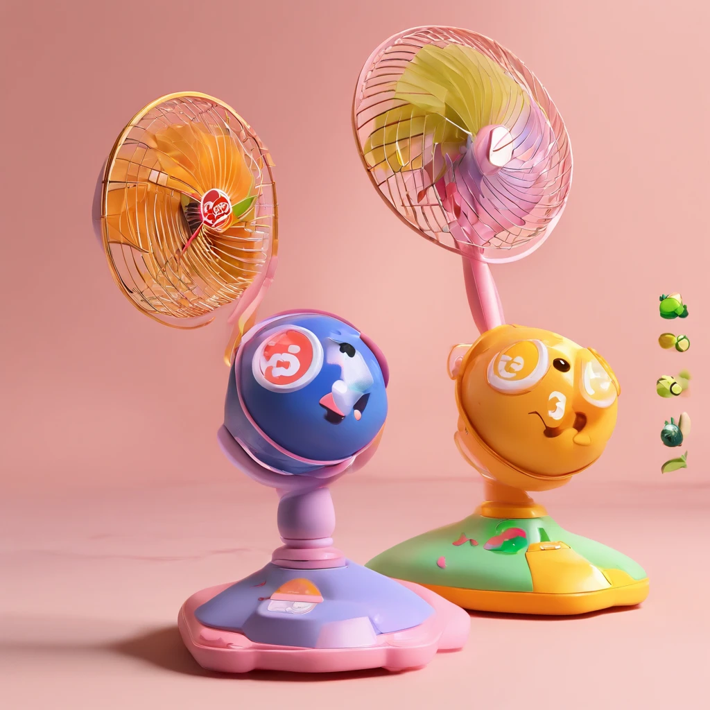 Super cute handheld charging small fan,cartoonish style, a blind box toy, Glossy and delicate,Clean background, Good gloss, 3D rendering of,Best quality