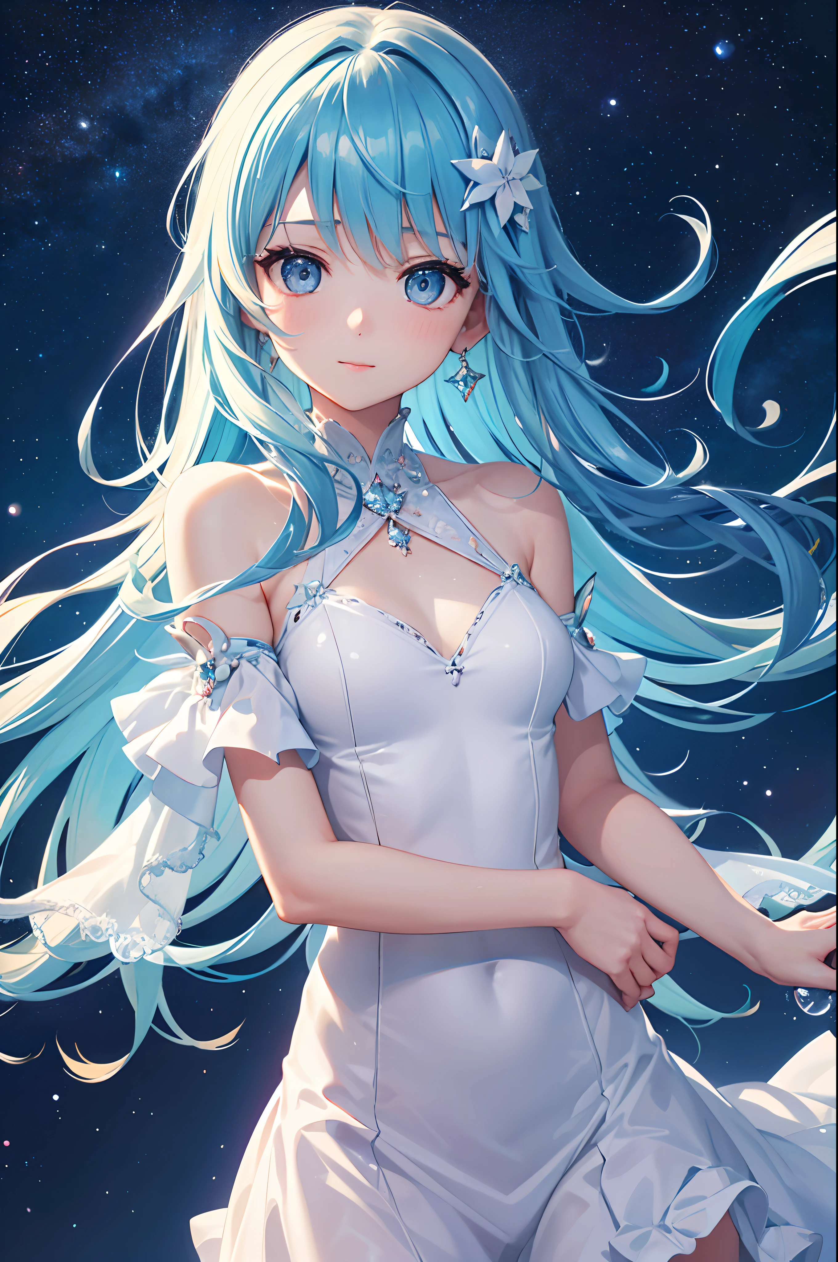 {{Best Quality}}, {{masutepiece}}, {{Ultra-detailed}}, {Illustration}, {Detailed light}, {extremely delicate and beautiful}, girl with, Cute face, Upper body, Two legs, long-one-piece dress, {Beautiful detailed eyes}, Stars in the eyes, messy floating hair, Colored inner hair, Starry sky adorns hair, {Lots_In the_Big_Colorful_Bubble}, [pearls], [Galaxy], depth of fields