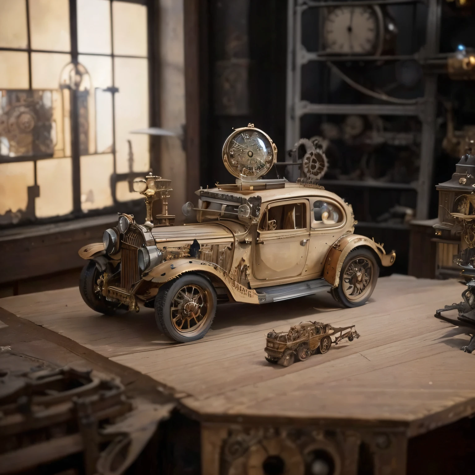 there is a model of a car with a clock on top of it, steampunk car, steampunk tech, dieselpunk setting, steampunk air haven, steampunk automaton, steampunk aesthetic, steampunk machinery, clockwork steampunk, set in a steampunk world, indsutrial steampunk, steampunk imagery themed, steampunk style, golden steampunk, steampunk design, steam-punk
