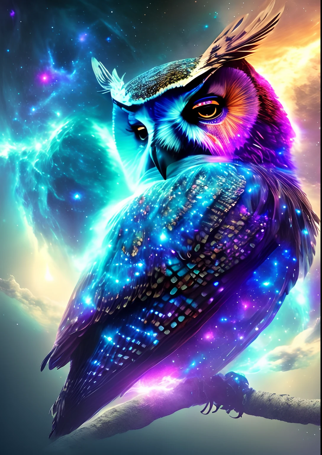 dreamlikeart, galaxy, outer space, nebula, star, [cyberpunked] Owl from the stars (star:1.5),