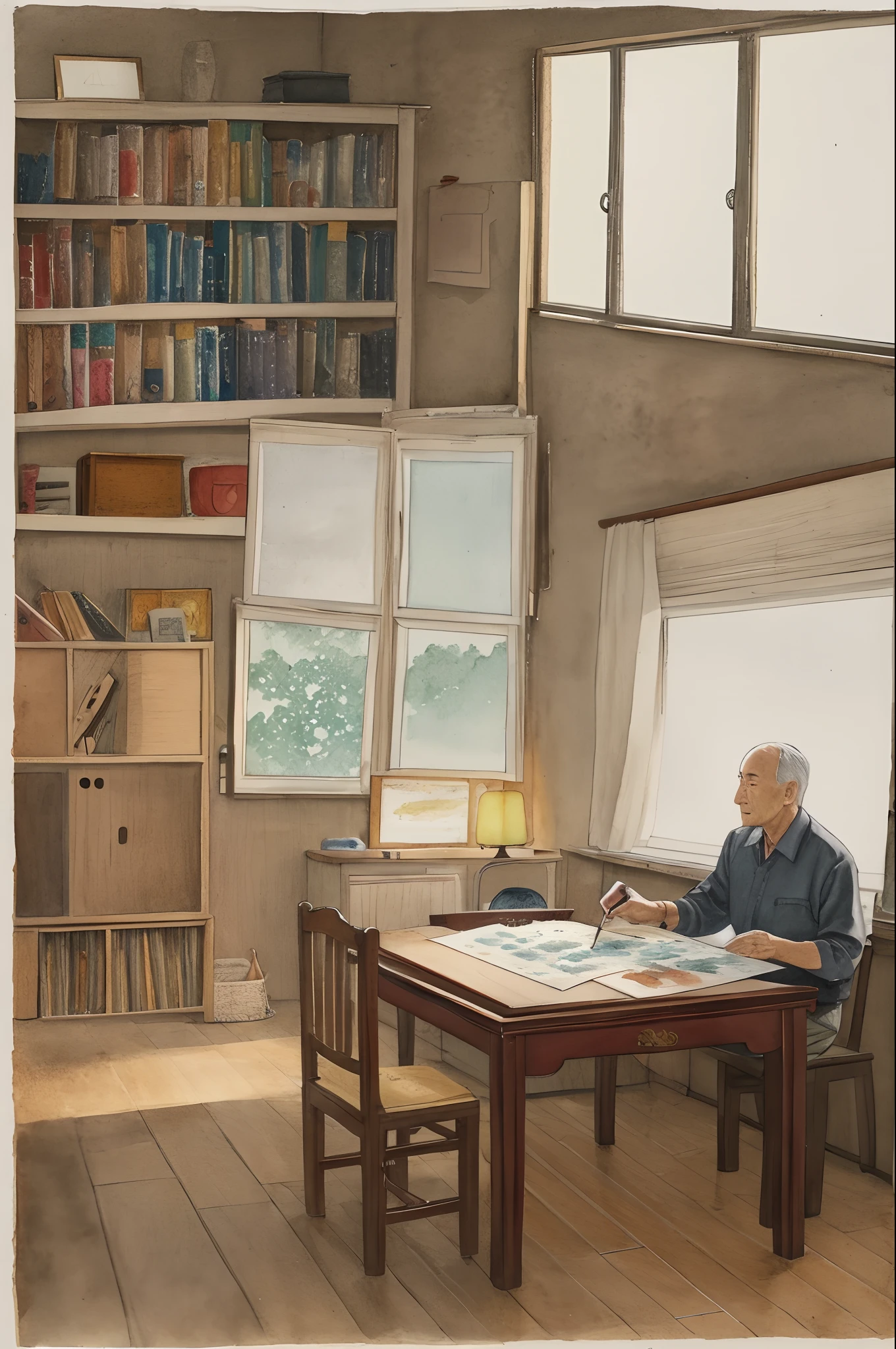 A kind and wise middle-aged and elderly man，Drawing board，chineseidol，ink and watercolor painting，inside in room，pigment