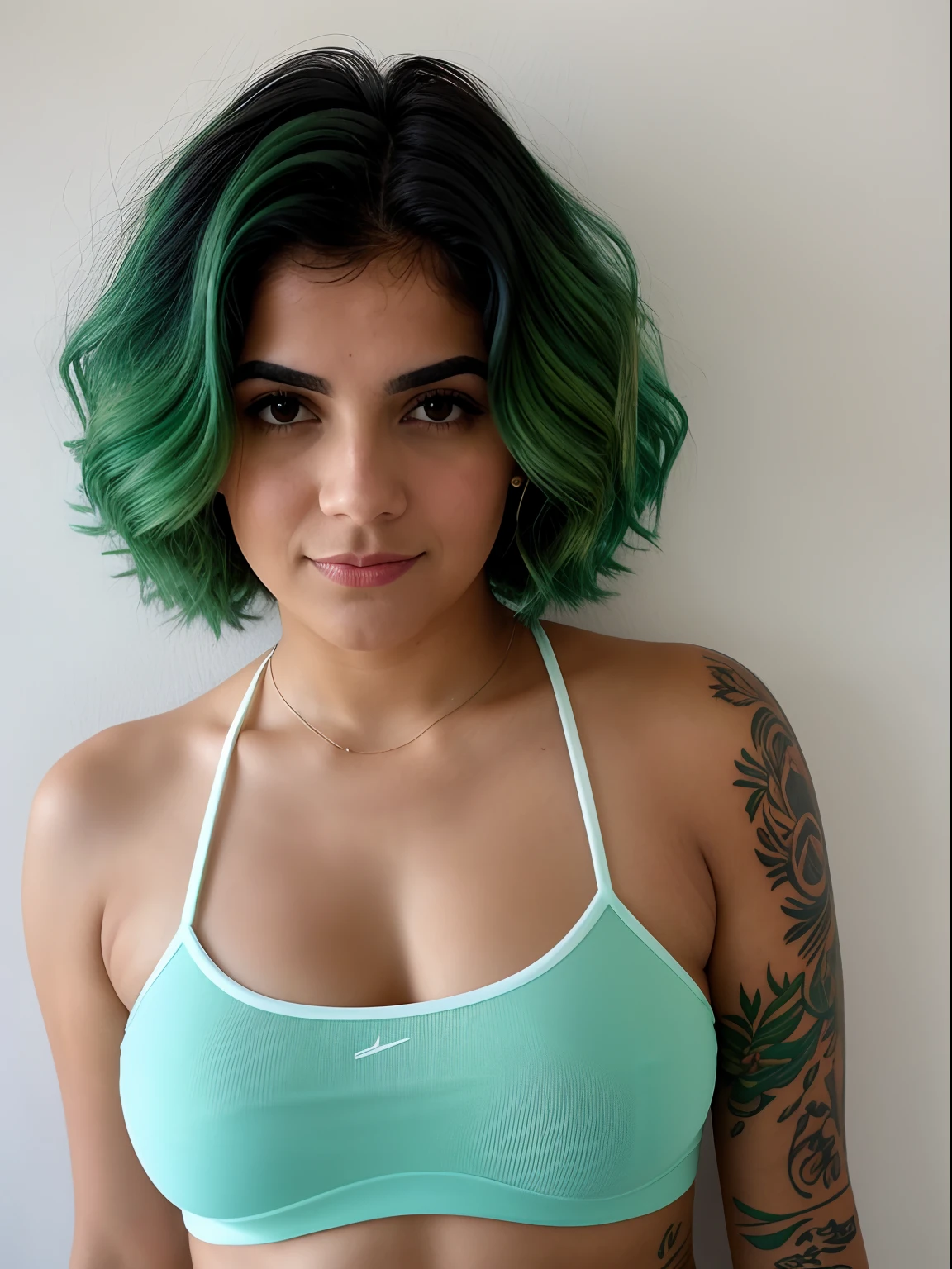 uma garota de 18 anos, com cabelo verde, tattoo on upper arm, (peitos a mostra)], (calcinha rosa), Professional Color Grading, sombras suaves, sem contraste, clean sharp focus, cinematic movie photograph, sexy, [molhada] (pelos nas axilas)  nos seios, leite nos seios, cum em seios, leite em seios