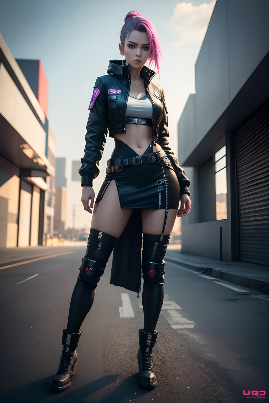 Cyberpunk style female driver, Full body photo,Slightly aerial view, (Best quality, Ultra-detailed, photo-realistic:1.37), confident stance, one color background, no depth of field,Don't go beyond the picture.