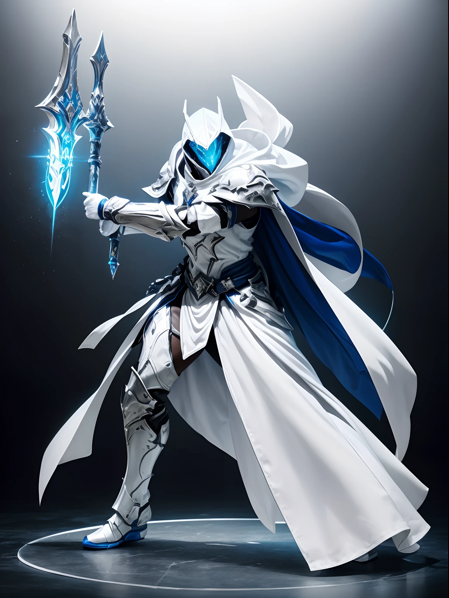 Commercial style shot, (action figure of Battle Priest in a warframe style armor with a white great hammer), (white blue and silver color scheme), (white hood with white flowing cloak), plastic material with metallic coating, (solid color background), centered, full body shot, (dynamic action stance pose), black round stand base, vibrant colors, visible figure joints, cinematic shot, volumetric lighting, intricate pattern detail, highly detailed