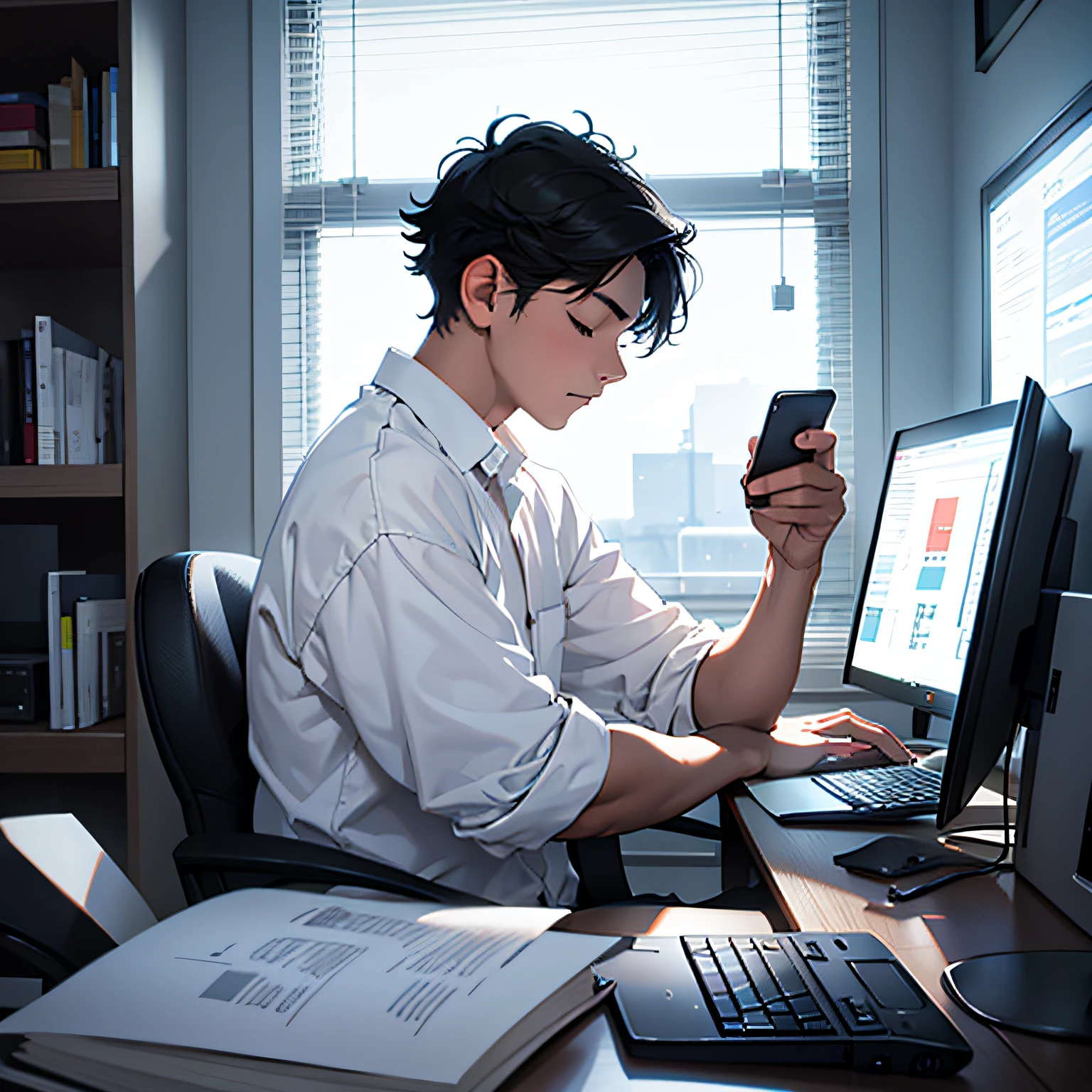 A young boy,with short black hair,Wear a white shirt,Sit next to the computer,Hold your phone in both hands,Close your eyes,Ambient indoors,The lighting is dim