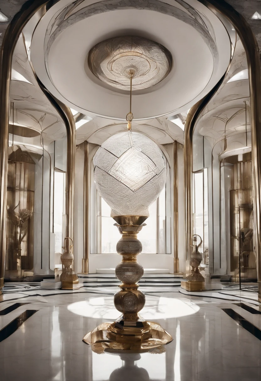 The interior space is dominated by white walls,The floor material is concrete,On the ground are placed three circular warm light spherical lamps,Next to it sits a gray vase,The ceiling hangs three staggered round bulbous of warm light,In the middle stood a girl with long hair and a white dress watching the lamp