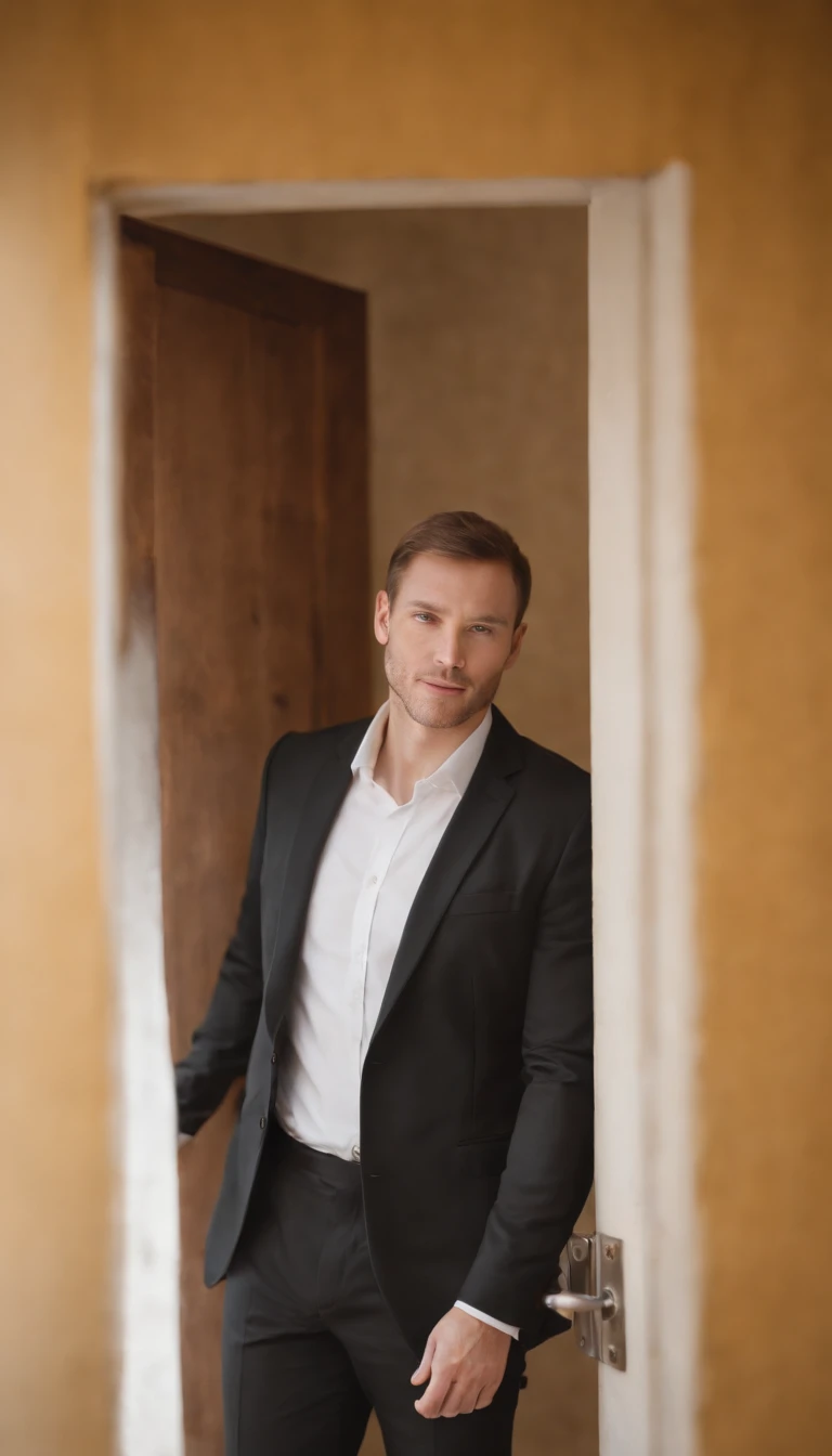 a businessman in a black suit and white shirt, coming out of an open ocher door, 50mm f/1.4 ff, leica m10, simple and elegant style, studio, handsome