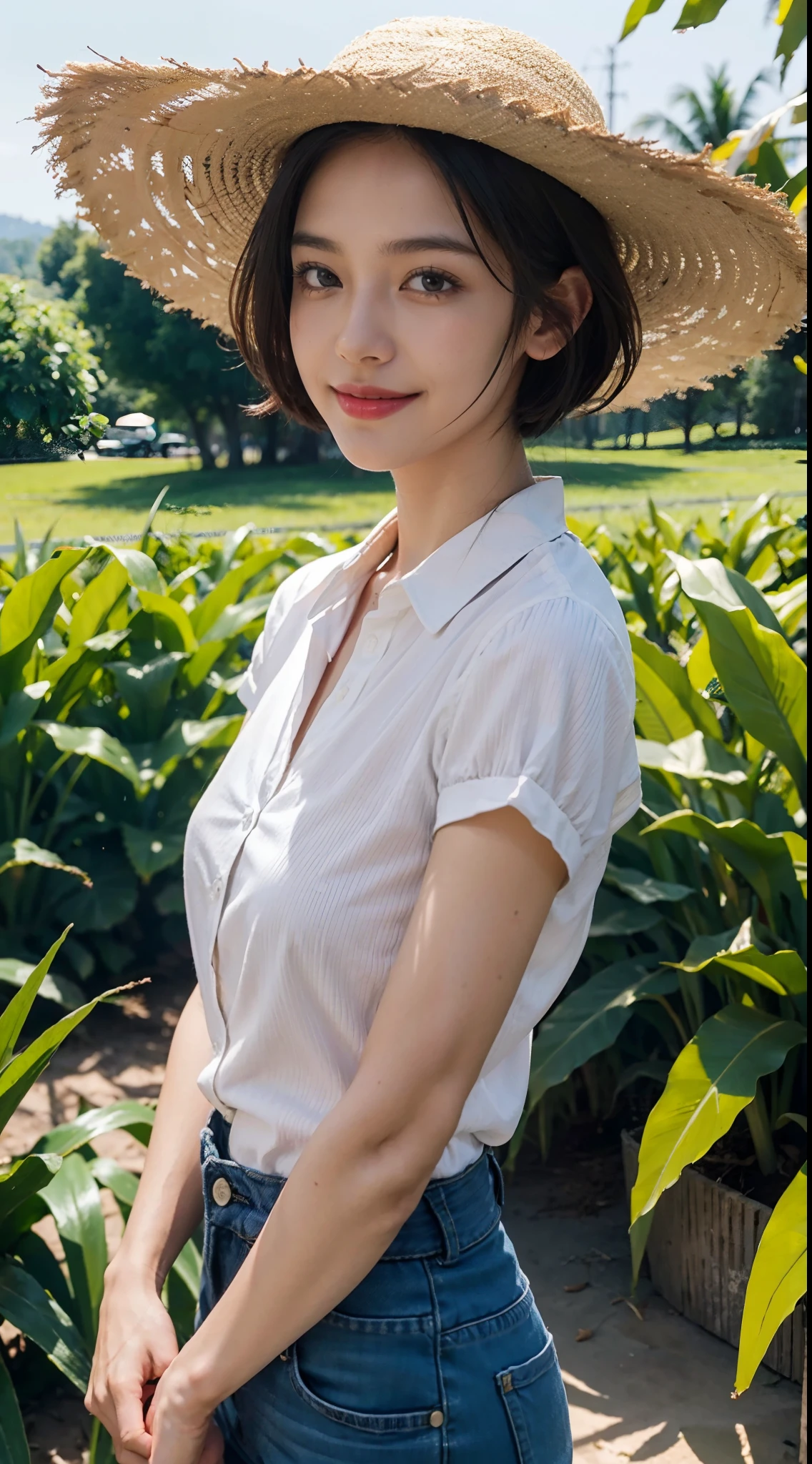 8K,masterpiece,best quality,In the corn field,Very high corn stalks taller than the girl,In the afternoon,very bright sunshine,A girl,Extremely detailed facial details,(shoulder length black straight short hair:1.2),Wearing a straw hat,smile,happy,Her face was covered in sweat,(Red collared short sleeved shirt with big white floral pattern:1.1),giantic breasts,Strong muscles,very sturdy arms,Slim and strong body,(Green wide leg capris:1.1),giantic hips,slippers,Holding a sickle in her hand,close shot,cowboy shot,Directly facing the camera,from front,upper body