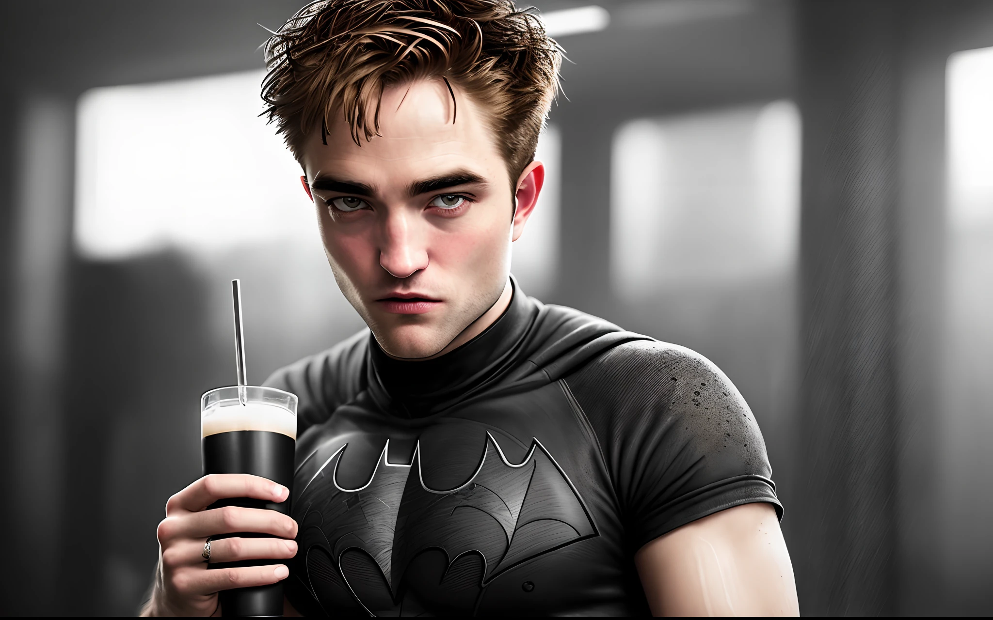 Robert Pattinson, 1batman drinking protein shakes in gym, realistic face, realistic eyes, (dark shot:1.22), neutral colors, (hdr:1.4), (muted colors:1.4), (intricate), hyperdetailed, dramatic, intricate details, (technicolor:0.9), (rutkowski:0.8), cinematic, detailed, (intricate details:1.12), hdr, (intricate details, hyperdetailed:1.15)