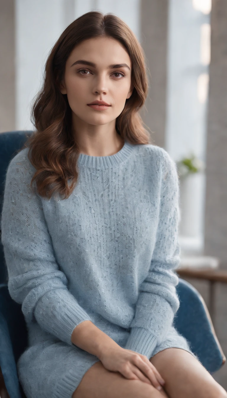 Young woman wearing sweater and sitting on a chair, in the style of light indigo and light amber, Tomàs Barceló, 32k uhd, fine feather details, shiny/ glossy, petcore, grandparentcore